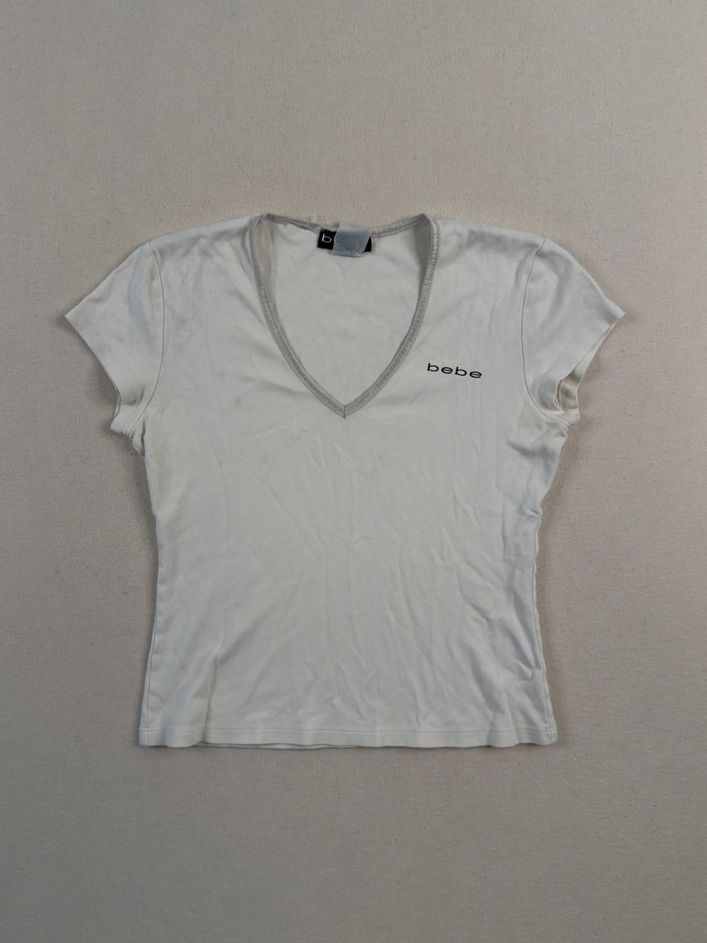 Bebe White V Neck Baby Tee Y2K Fitted Logo Top Small